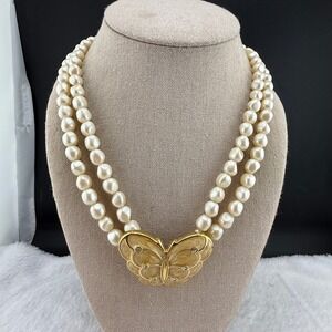 Vintage KJL for Avon Necklace Papillon Cream Faux Pearl Butterfly 19"